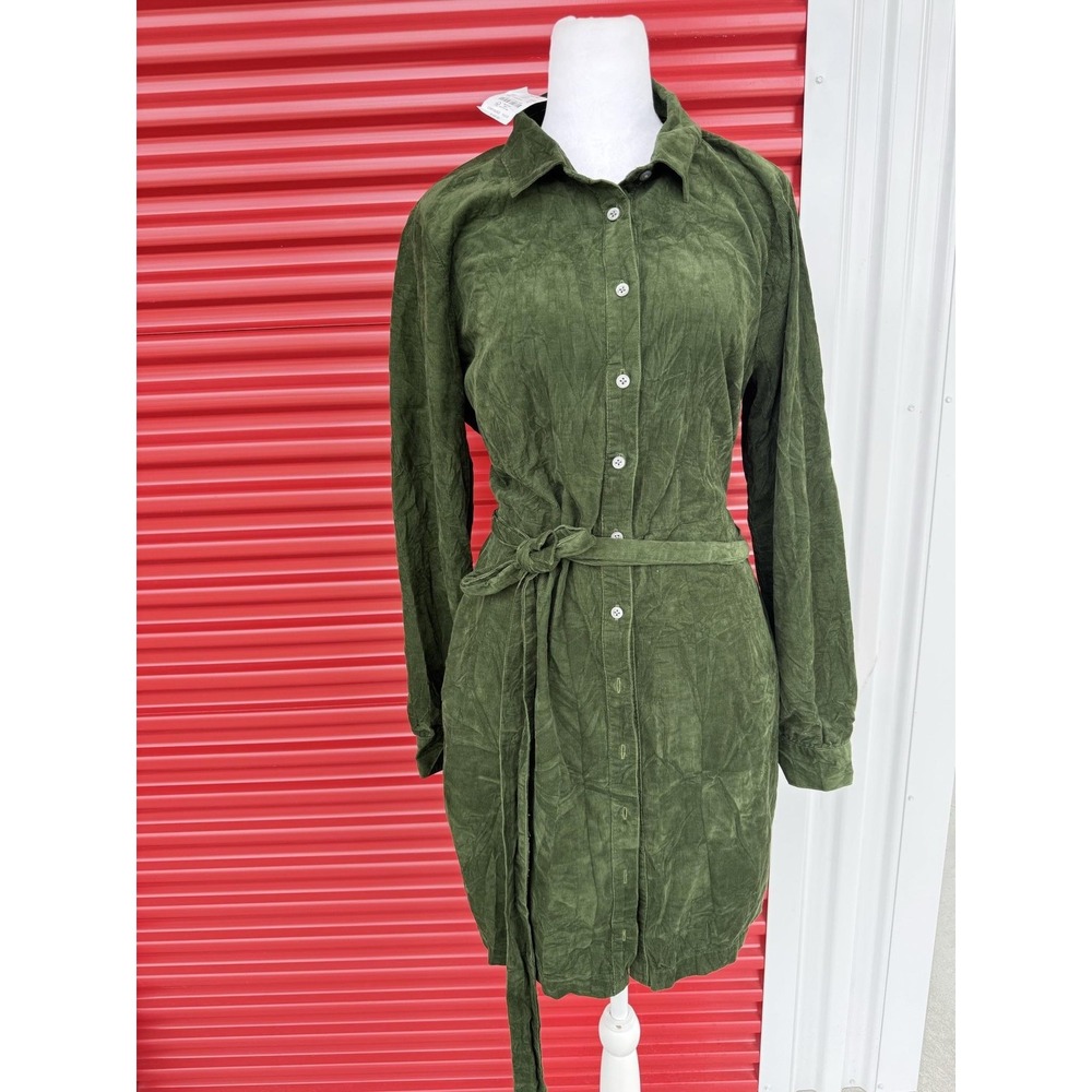 J.Crew Shirt Dress Womens 14 Green Corduroy Long Sleeve Belted Button Front